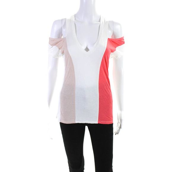 BCBGMAXAZRIA Womens Cold Shoulder Striped Preslee Shirt White Pink Size XS - Picture 1 of 5